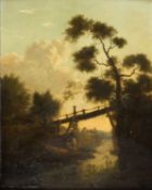 Unbekannt, 18. Jh.Sommerliche Landschaft mit einer Person auf einer Brücke im Abendlicht. Ö