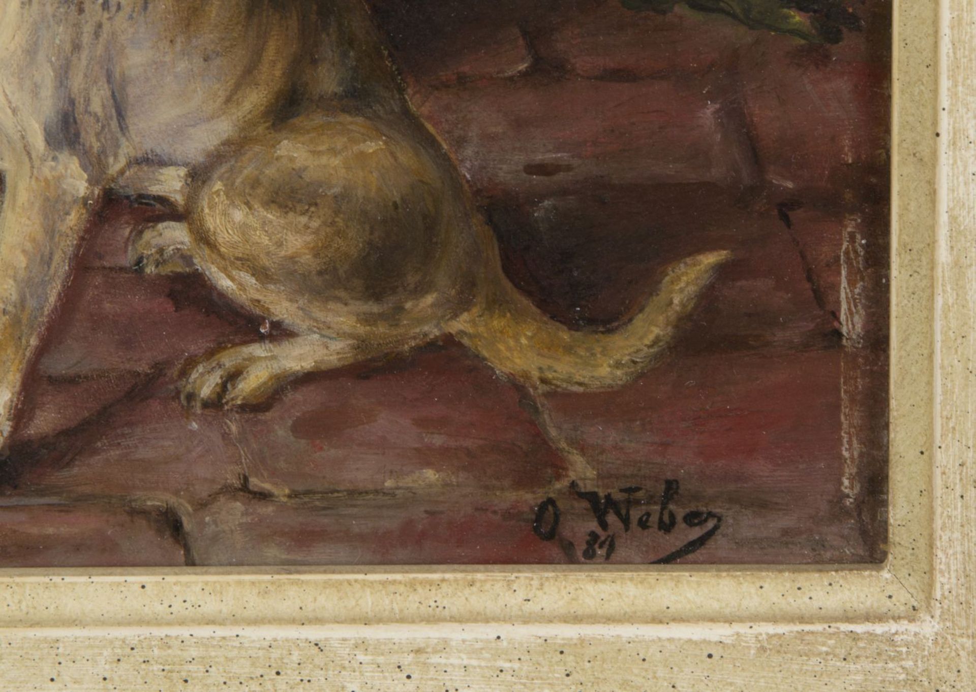 Weber, O.Junge Hunde streiten mit einer Katze. Öl/Holz. Sign. 16 x 21,5 cm. Gerahmt. - Bild 2 aus 3