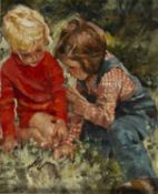 Roka, Charles. 1912 - 1999Zwei spielende Kinder mit einem Kaninchen. Öl/Lwd. Sign. 80,