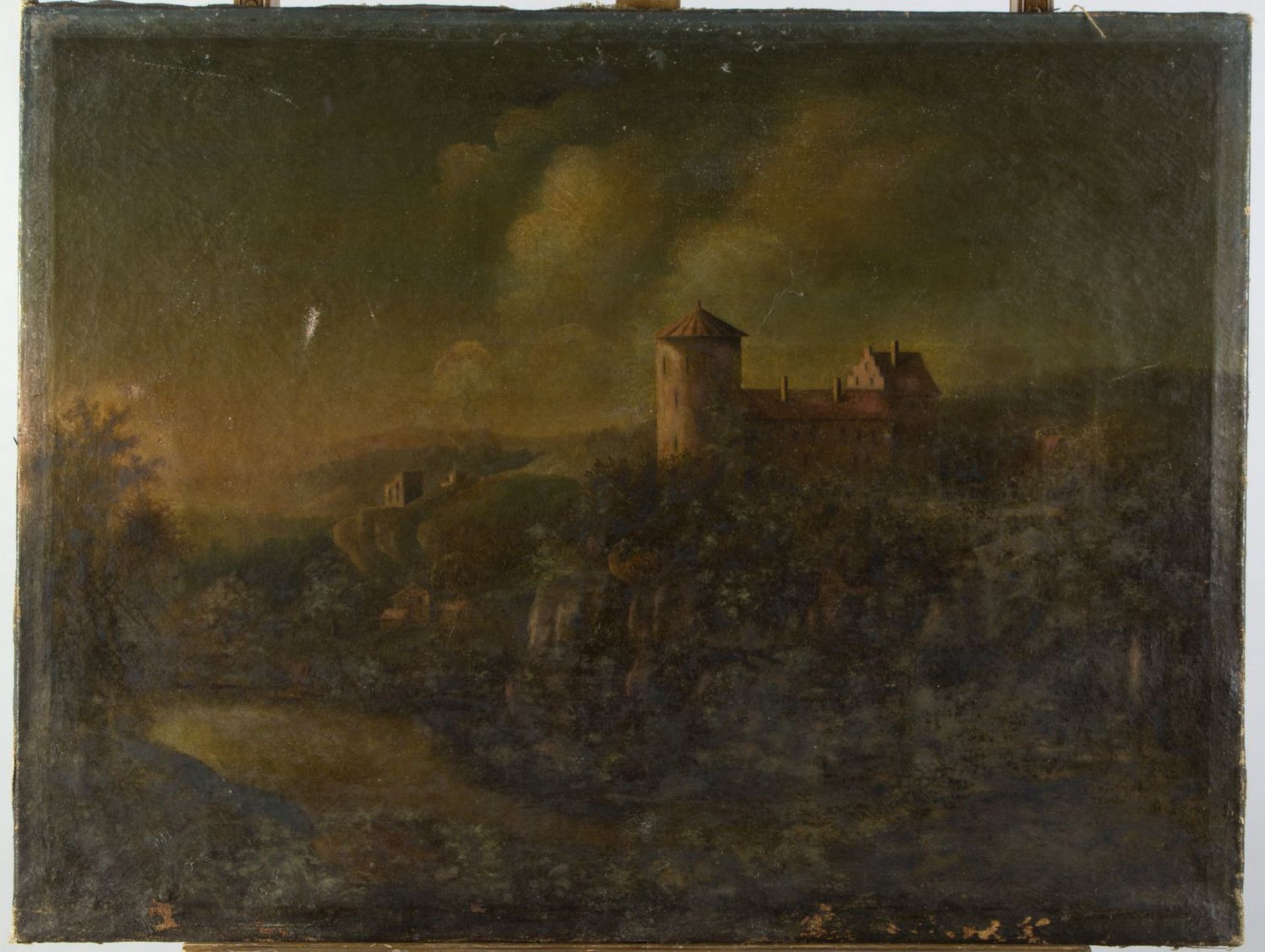 UnbekanntHeiliger Antonius. Landschaft mit einer Burg. 2 Gem. Öl/Lwd. 85 x 105 cm. Stark bes - Bild 2 aus 5