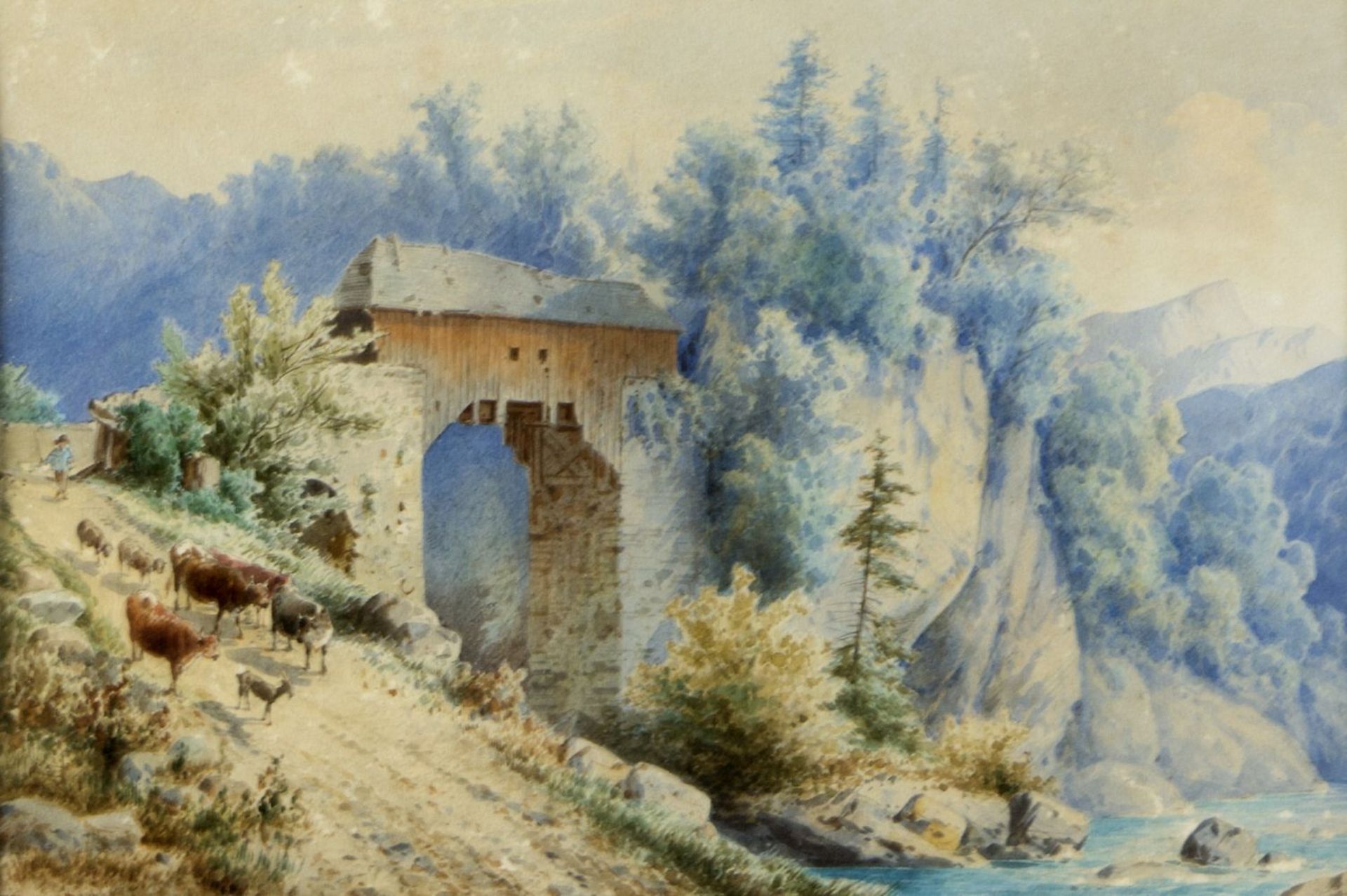 Doll, Anton. 1826 - München - 1887Bergige Landschaft mit einer Brücke und einer Kuhhe