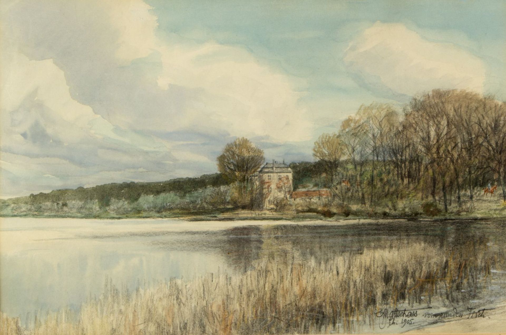 Mattschass, Erich. 1866 - Berlin - 1946Villa an einem See. Aquarellierte Farb- und Blei