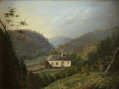 Deutsch, 19. Jh.Kleines Haus in den Bergen. Öl/Holz. 18 x 24 cm. Gerahmt.