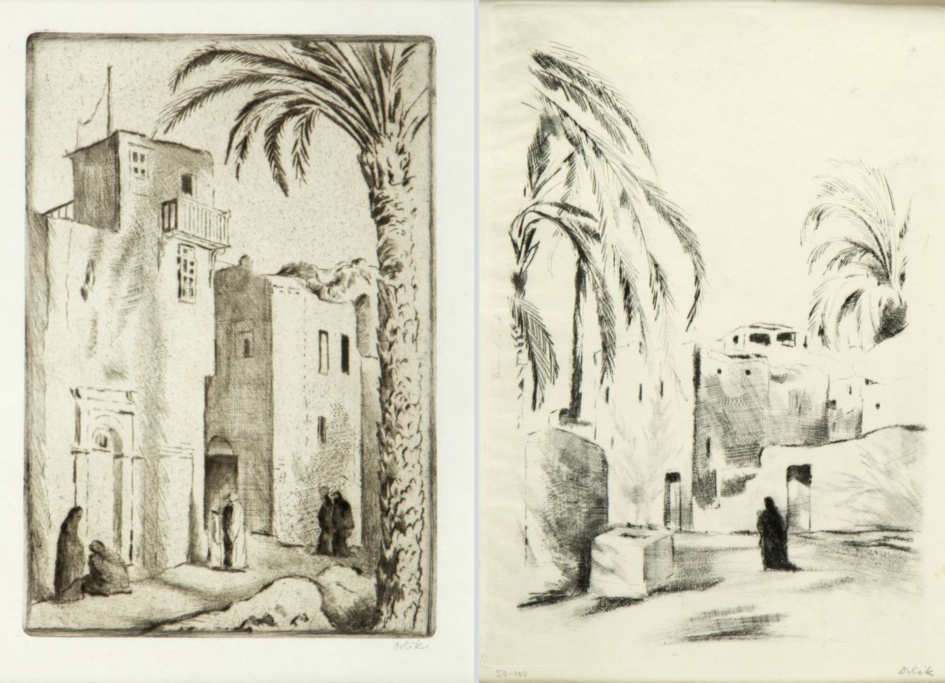 Orlik, Emil. 1870 Prag - Berlin 1932Straßenszene in Tunis. Araberin auf einer Straße