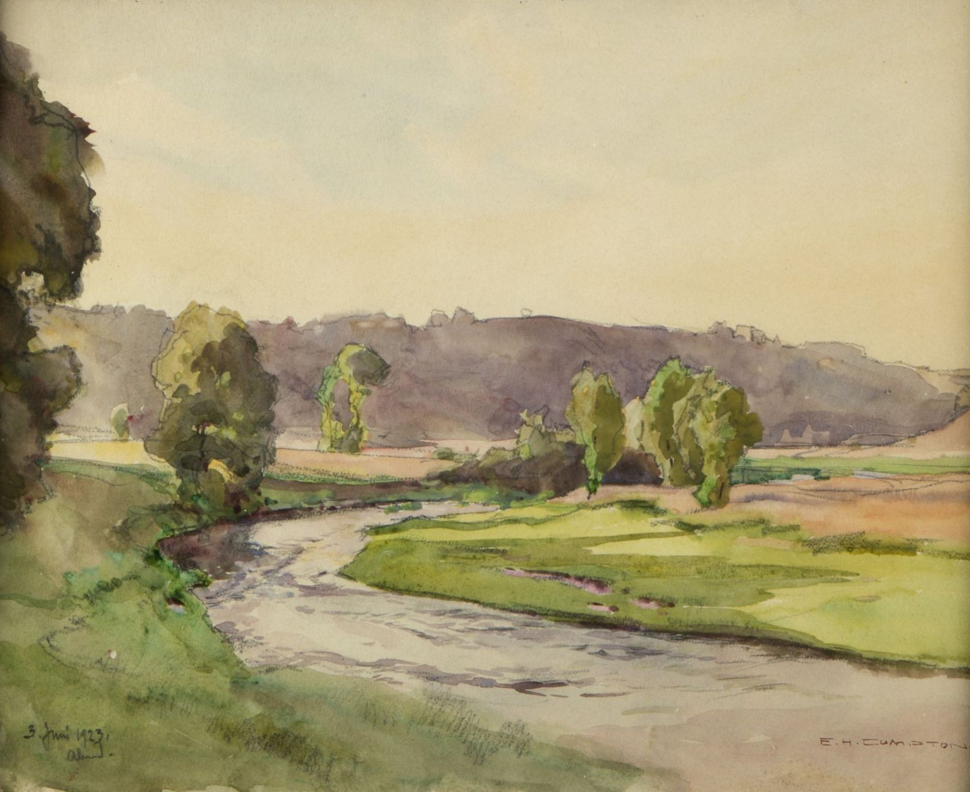 Compton, Edward Harrison. 1881 - Feldafing - 1960Fluss in sommerlichem Tal. Aquarell ü