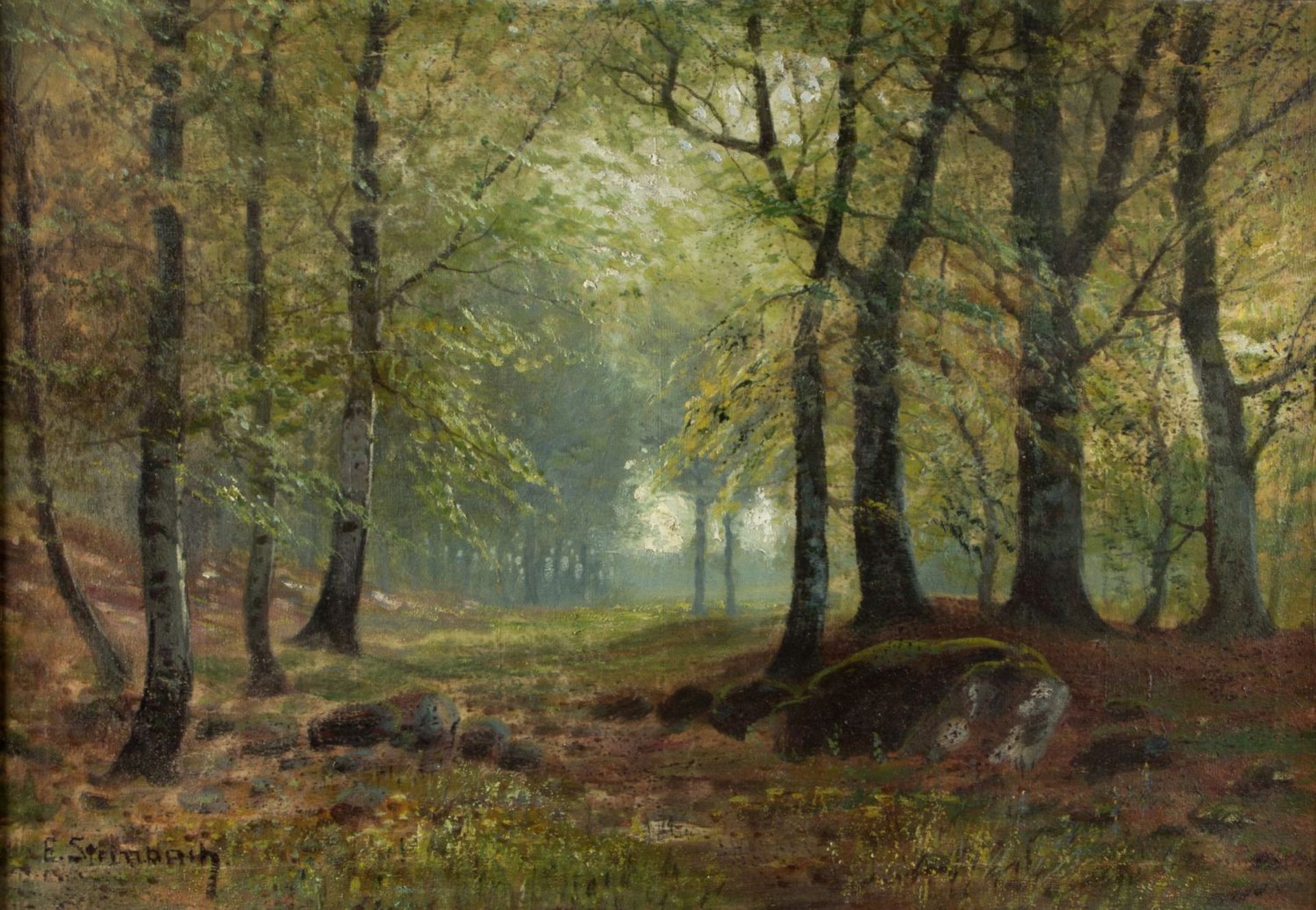 Steinbach, Eduard. 1878 - Hamburg - 1939Sommerlicher Wald. Öl/Lwd. Sign. 65,5 x 95 cm.