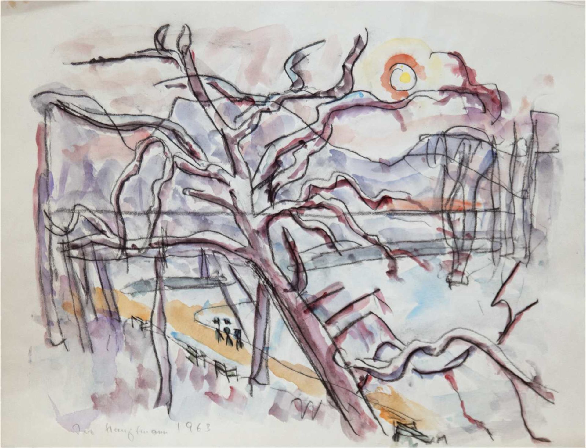 Hauptmann, Ivo (1886 Erkner-1973 Hamburg/Dresden) "Baum im Sonnenuntergang - Hamburg",Aquarel