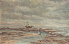 "Fischersfrau im Watt", Öl/Mp., unsign., 29x41 cm, Rahmen