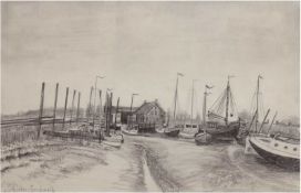 Schröder-Greifswald, Max (1858 Greifswald-1920 Berlin) "Greifswalder Hafen mitFischerbooten"