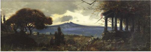 Maler um 1900 "Golf von Neapel mit Blick auf rauchenden Vesuv", Öl/Mp., unsigniert, einigeFa