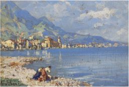 Silvani, Ferdinando (1823 Parma/Italien-1899 ebenda) "Wäscherinnen in Maderno am Gardasee", Öl/