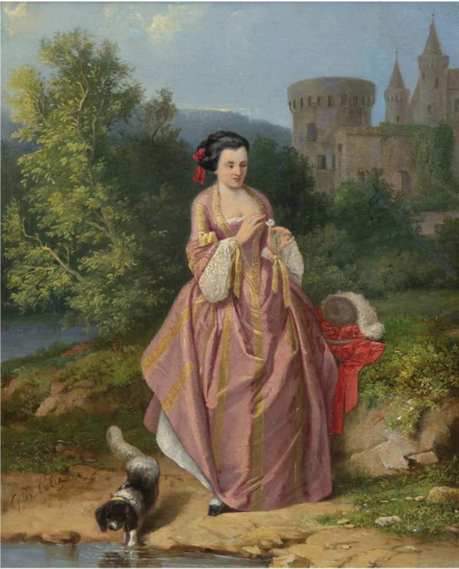 Französischer Maler 19. Jh. "Burgfräulein mit Hund am See", Öl/Holz, sign. u.l. "Colin",42