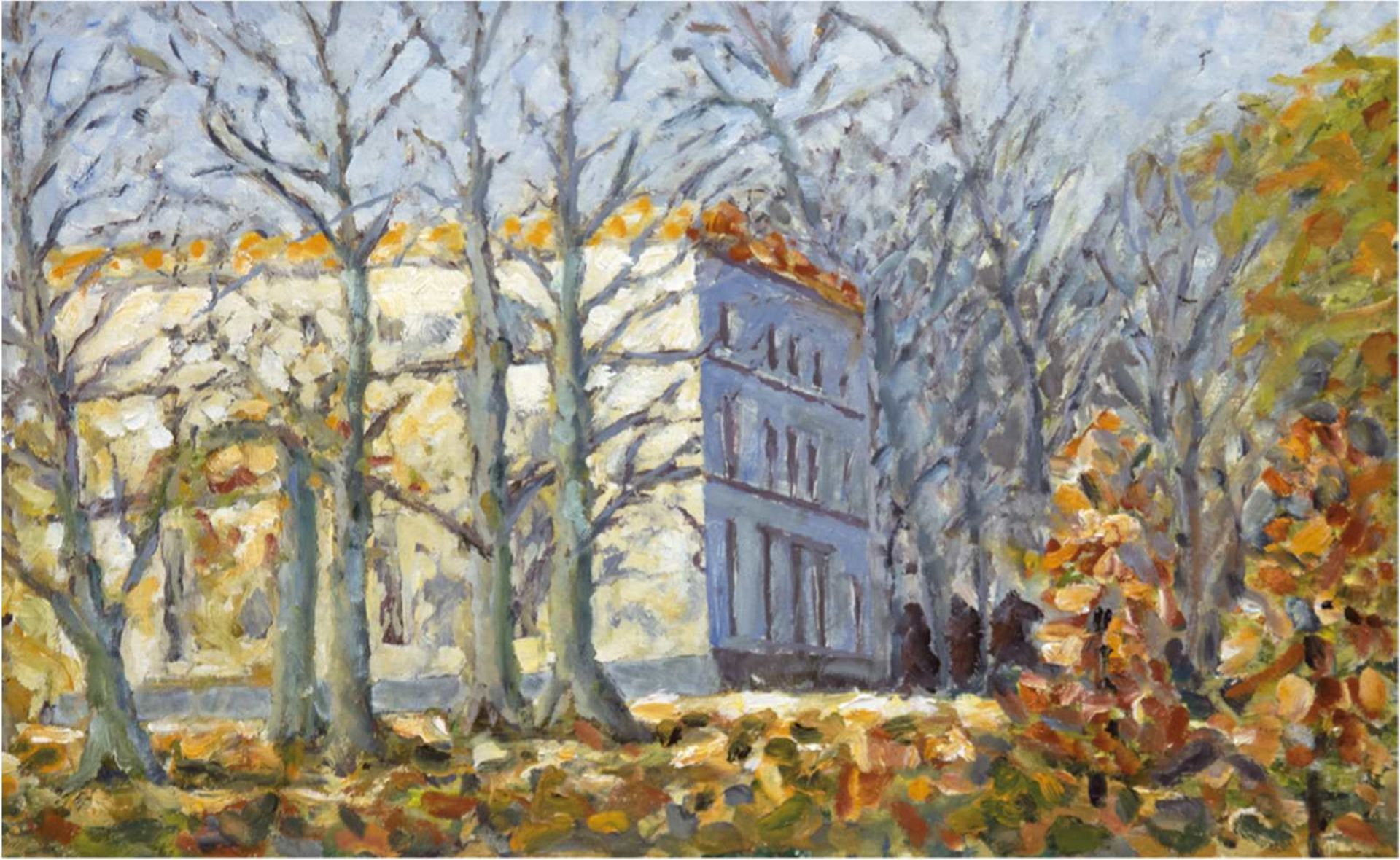 Impressionist "Herbstlicher Park mit Gebäude", Öl/Mp., unsign., 34x50 cm