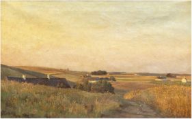 Maler des 20. Jh. "Weite Feldlandschaft mit Gehöften", Öl/Lw., unsign., 51x81 cm, Rahmen