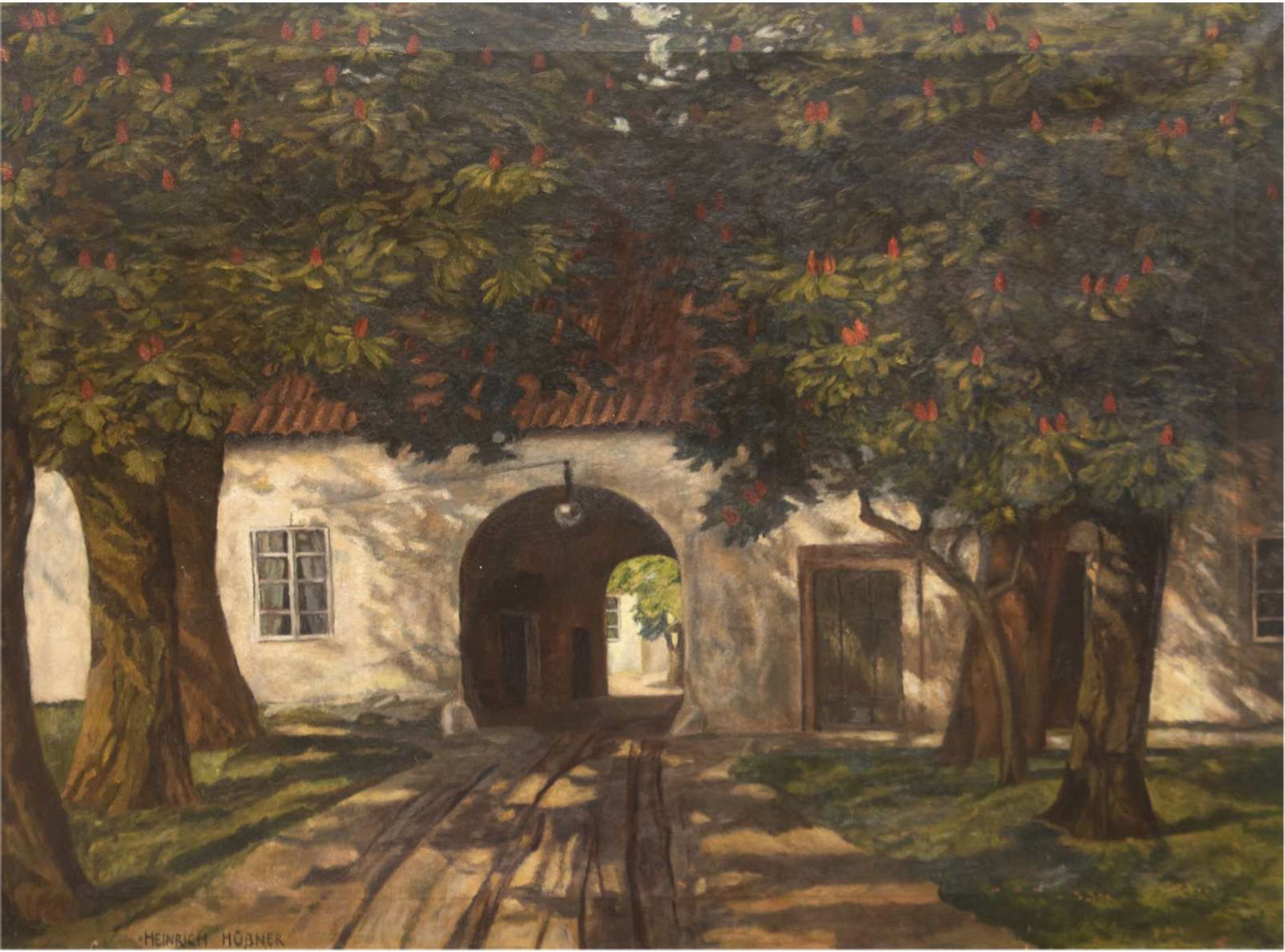 Hübner, Heinrich (1869 Berlin-1945 Konstanz-Dingelsdorf) "Bäume vor der Toreinfahrt",Öl/Lw