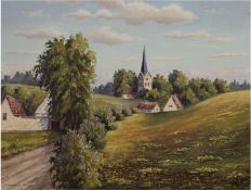 Pedersen, A. "Landschaft mit Kirche", Öl/Lw., sign. u.l. und dat. '63, 54x67,5 cm, Rahmen