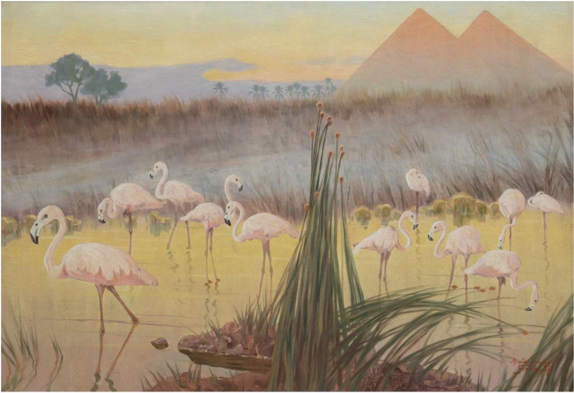 Laszenko, Alexander (1883 Annowka/Ukraine-1944) "Flamingos vor den Pyramiden von Gizeh",Öl/