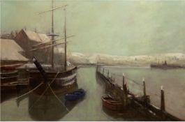 Essfeld, Alexander (1874 Düsseldorf-1939 ebenda) "Schiff im norwegischem Hafen", Öl/Lw.,sig