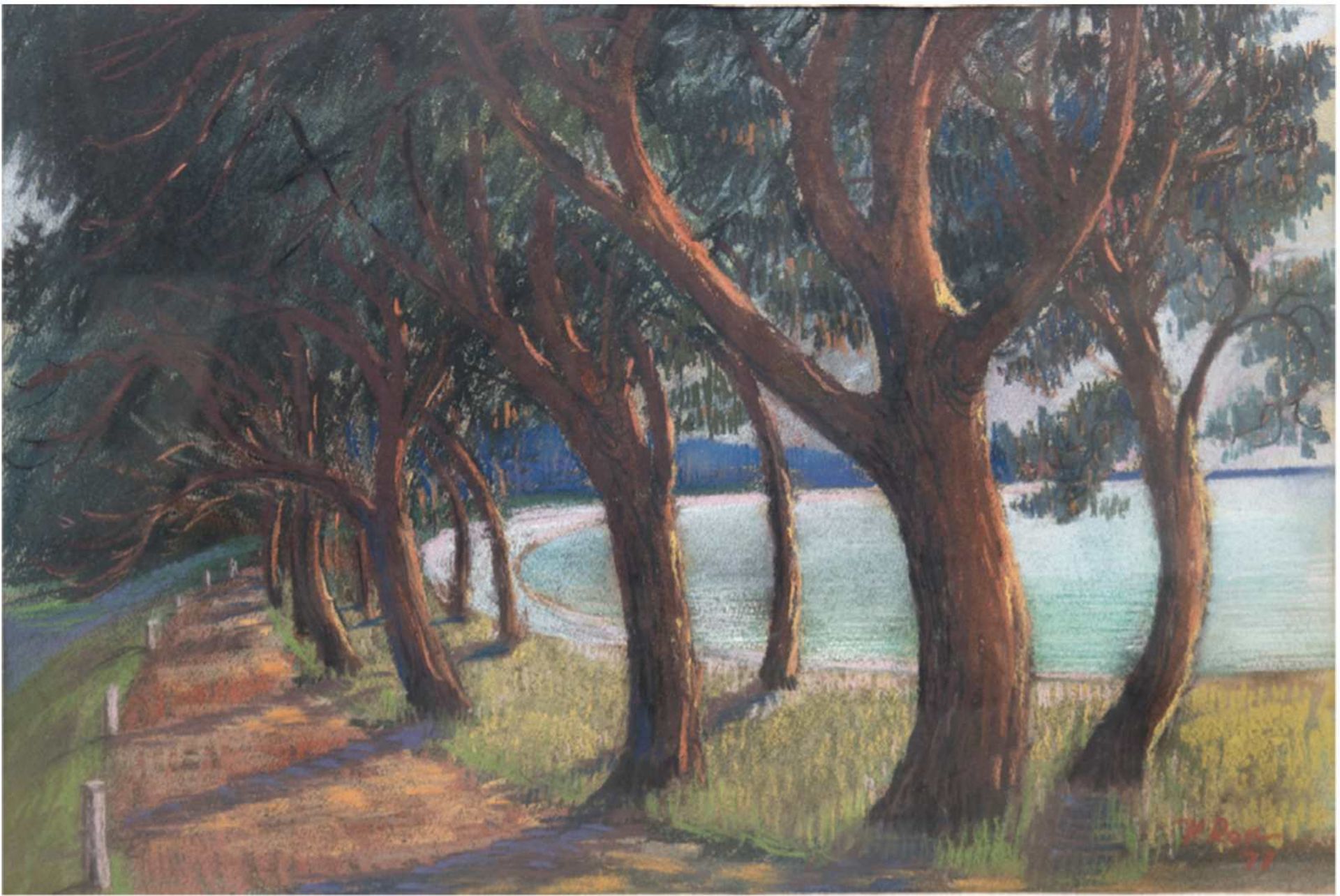 Rost, K. "Bäume am Ufer", Pastell/Papier, sign. u.r. und dat. '77, 46x63 cm, imPassepartout