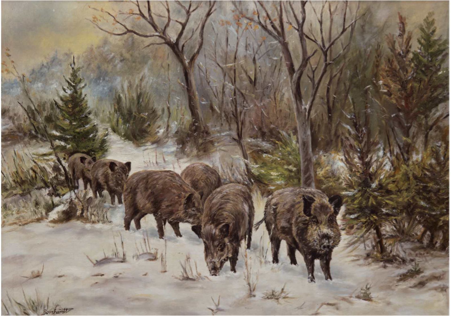 "Winterlandschaft mit Wildschweinen", Öl/Lw., unsign., rückseitig bez. "Hans BorchardtBerli
