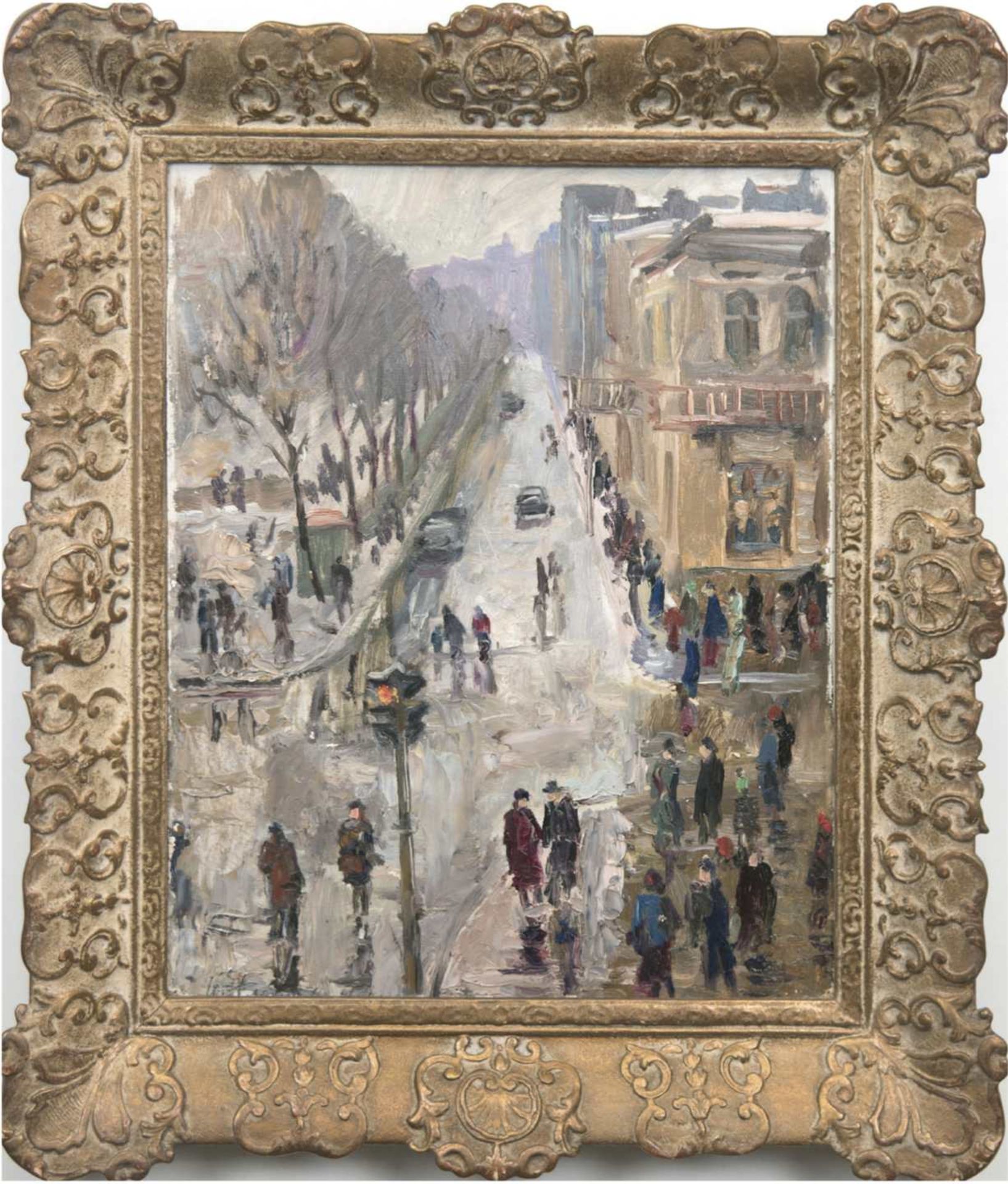 Impressionist "Belebte Straßenszene", Öl/Lw./Holz, undeutl. sign. u.l., 47x35 cm, Rahmen