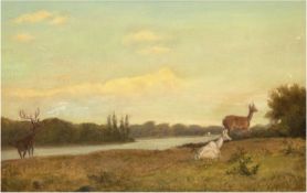 Schovelin, Axel Thorsen (1827-1893) "Sommerlandschaft mit Rehen am See", Öl/Hartfaser,sign.