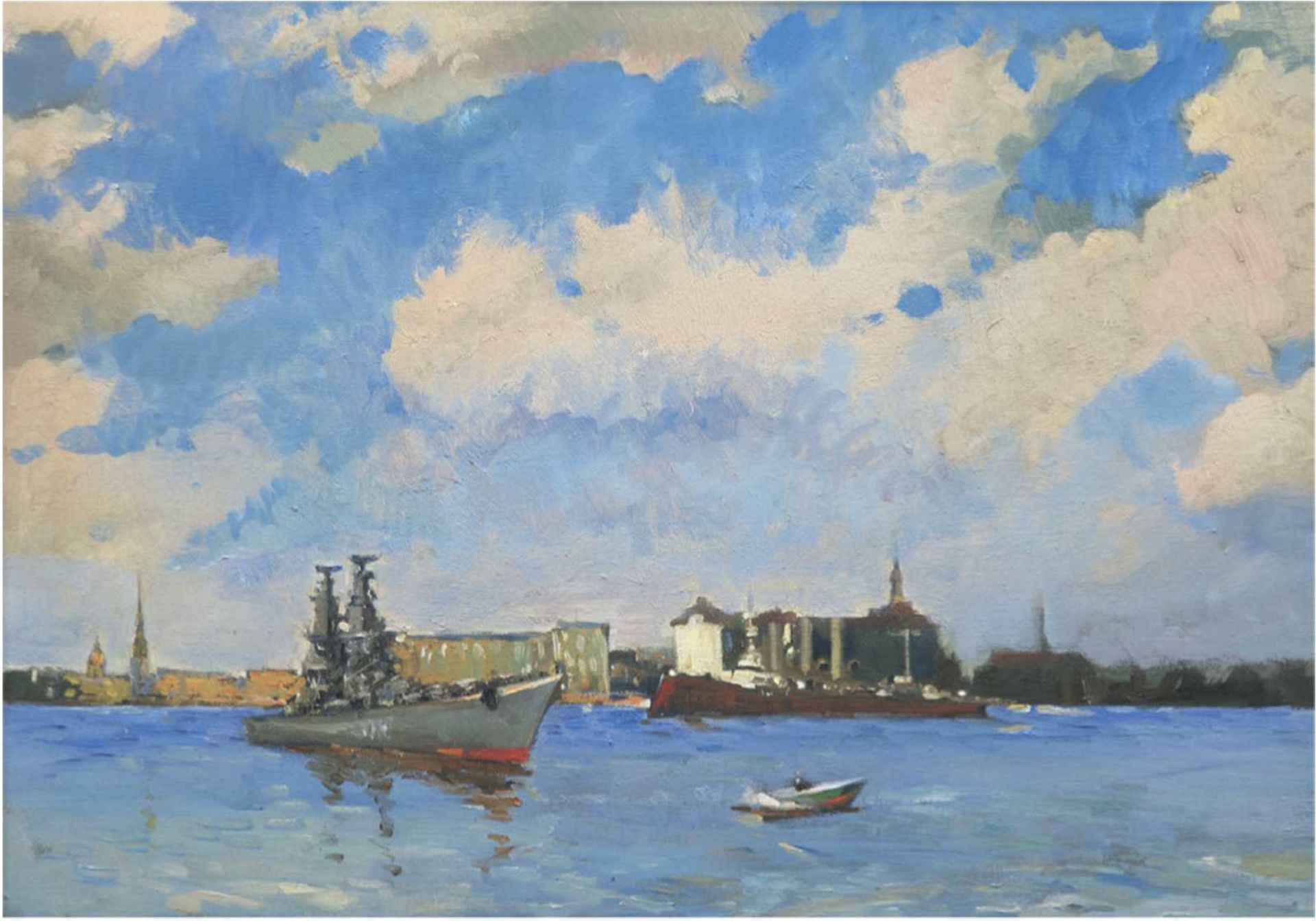 Maler des 20. Jh. "Schiffe auf der Newa vor St. Petersburg", Öl/Lw., unsigniert, rücks. 1xH