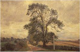 "Baum am Wegesrand mit Straßenschild", Öl/Lw., undeutl. sign. und dat. u.r., 62x86 cm,Rahme