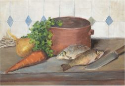 "Küchenstilleben mit Fischen, Kochtopf Messer und Gemüse", Öl/Lw., unsigniert, Lw. mitKnic