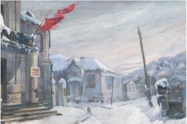 "Winter in einer russischen Kleinstadt", Mischtechnik/Papier, 1950er Jahre, unsigniert,38x54