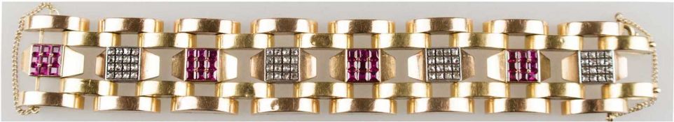 Schweres Armband, 750er GG/RG, Gew. 93,0 g, ca. 40er Jahre, Diamanten ca. 2,0 ct., Rubineim C