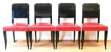 Art-Deco-Tisch und 4 Stühle, Schwarzlack, über rechteckiger Fußplatte Fußgestell mitbeids