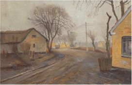 "An der Dorfstraße", Öl/Lw., unsign., 52x70 cm, Rahmen