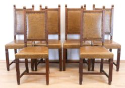 Satz von 6 Stühlen, um 1920, Eiche, Sitz und Rückenlehne gepolstert, brauner Lederbezug,112