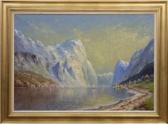 "Fjordlandschaft mit Segelbooten", Öl/Lw., undeutl. sign. u.r. und dat. '38, 70x96 cm,Rahmen