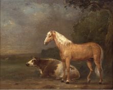 Maler 19. Jh. "Pferd und Kuh auf der Wiese", Öl/Lw., unsign., 53x69 cm, Rahmen