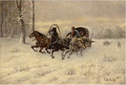 Baumgartner-Stoiloff, Adolf (Constantin) (1850 Linz- 1924 Wien)"Troika im Schnee-Fluchtvor an