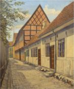 "Fachwerkhäuser in einer Gasse", Öl/Lw., undeutl. sign. u.r., 73x60 cm, Rahmen