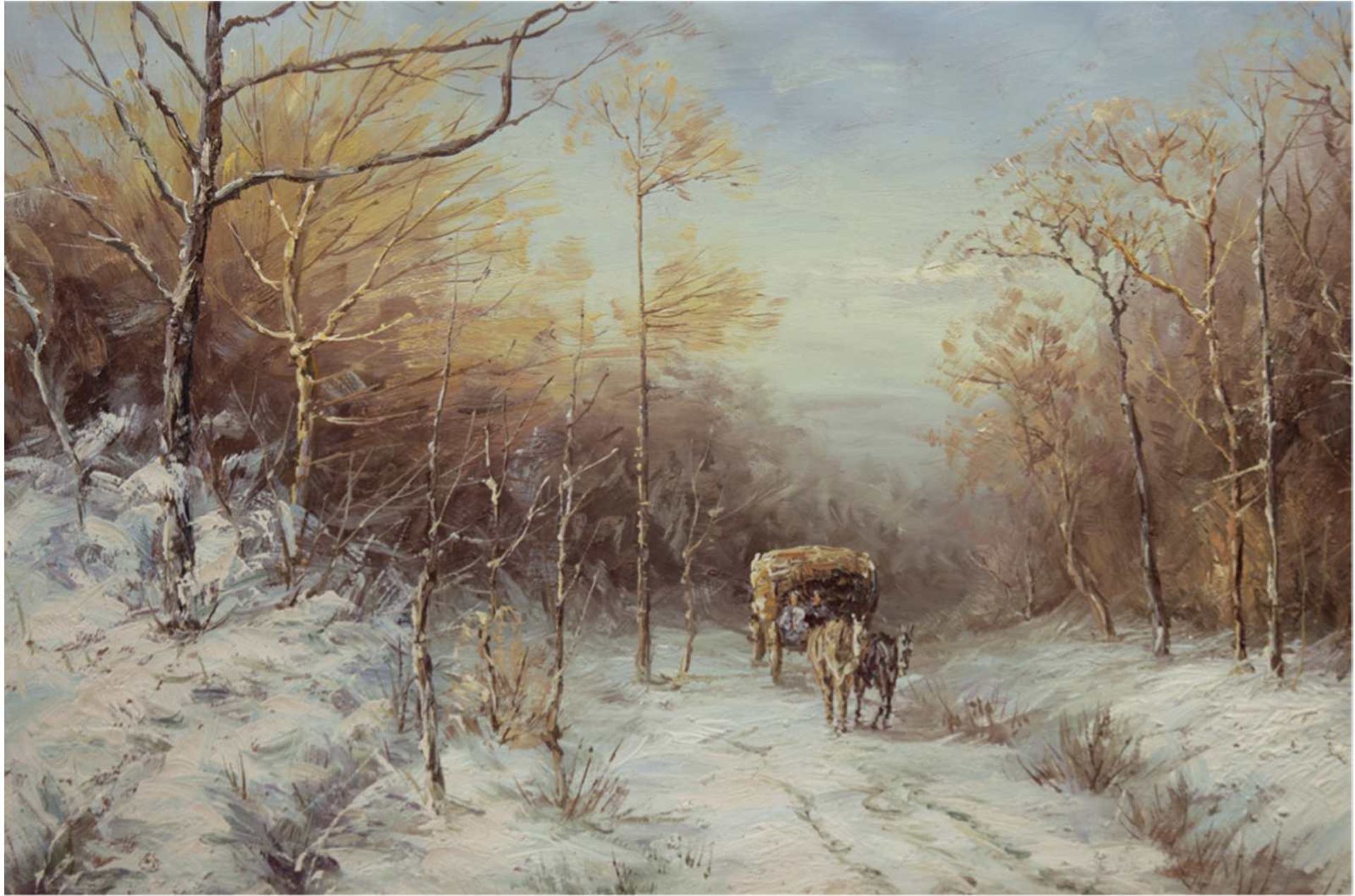 "Winterlandschaft mit Pferdefuhrwerk", Öl/Lw., unsign., 61x90 cm, Rahmen