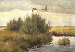 Hoyrup, Carl (1893-1961) "Moorlandschaft mit Enten im Flug", Öl/Lw., sign. u.r., 69,5x96,5cm