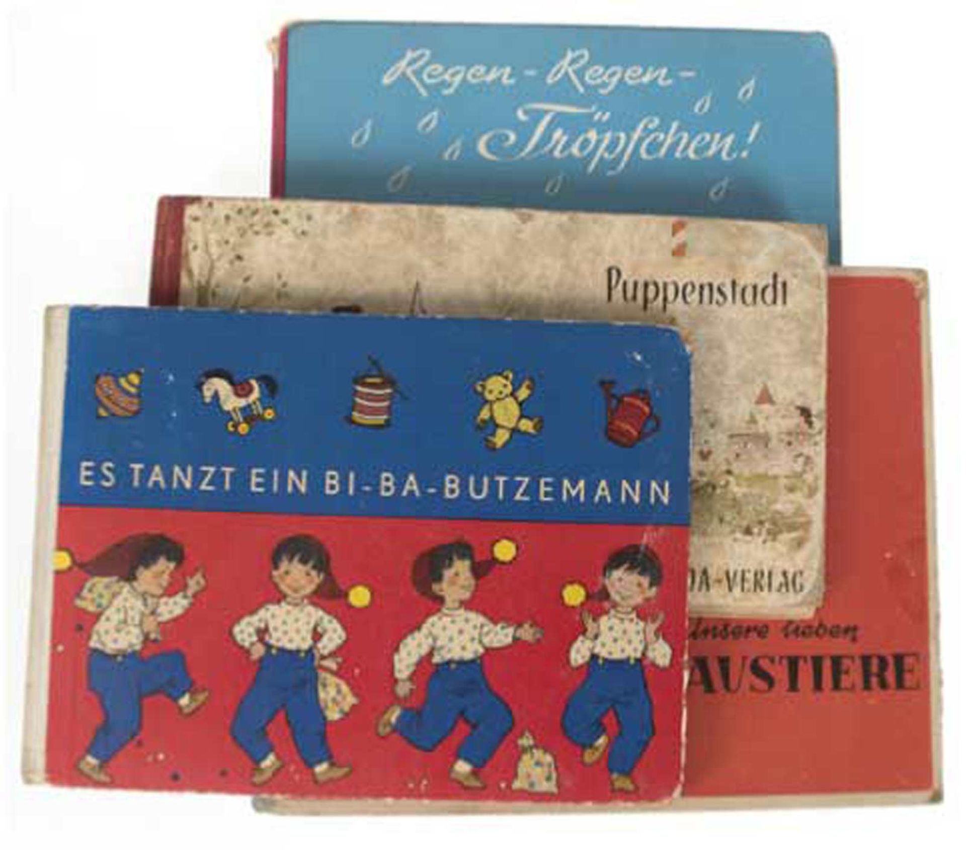 4 Kinderbücher, u.a. "Unsere lieben Haustiere", "Es tanzt ein Bi-Ba-Butzemann", ca. 60erJahr