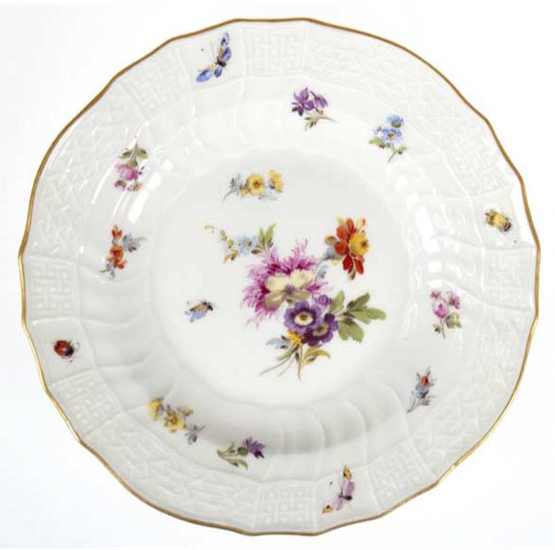 Meissen-Teller, Knaufzeit, Neubrandenstein, 1. Wahl, bunte Blumenmalerei mit Insekten, Dm.15,