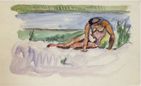 Hauptmann, Ivo (1886 Erkner-1973 Hamburg/Dresden) "Weiblicher Akt am Ufer", Aquarell, 30erJah