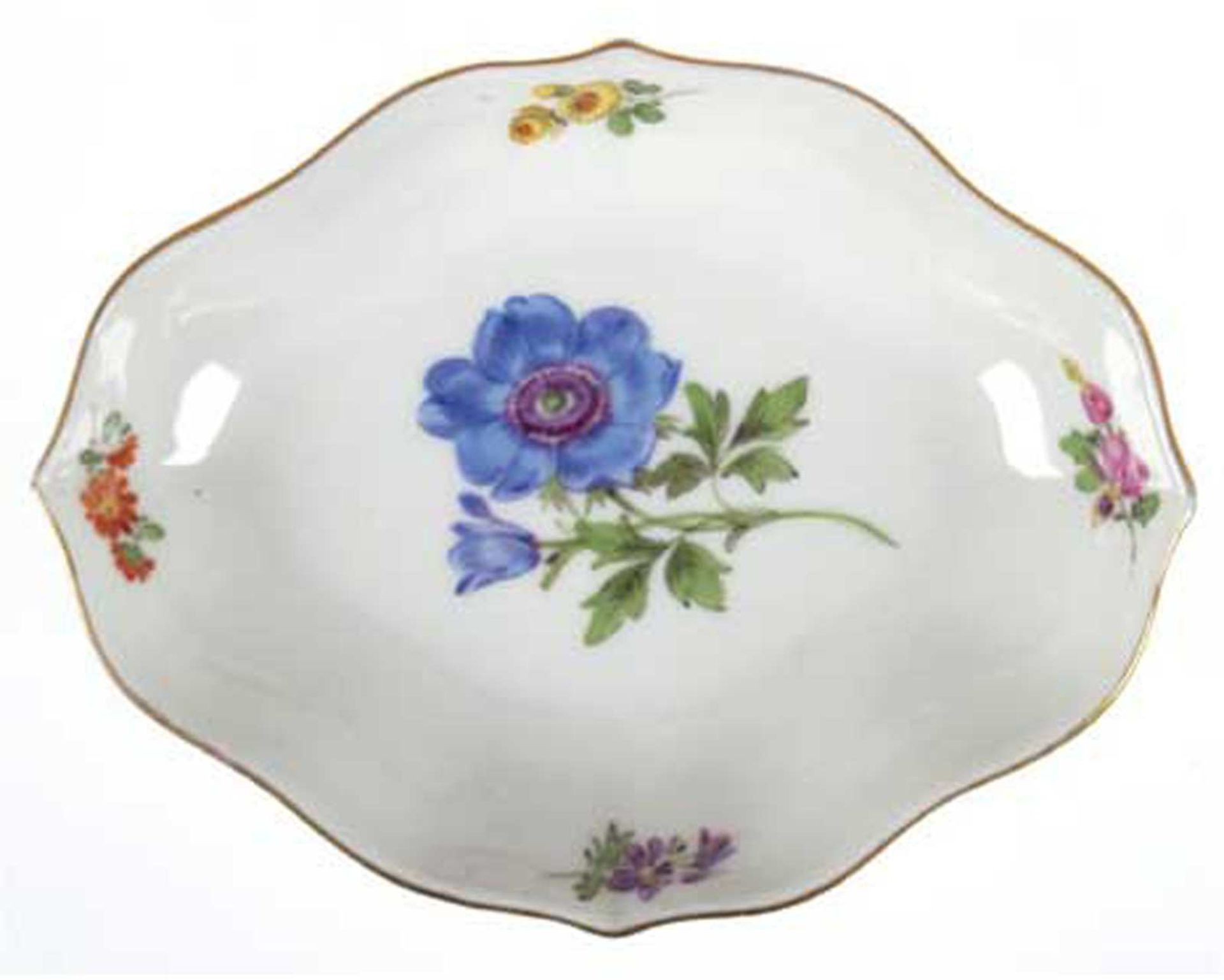 Meissen-Schälchen, 1924-1934, Bunte Blume 1, Goldrand, Vierpaßform, 1. Wahl, 12x9 cm