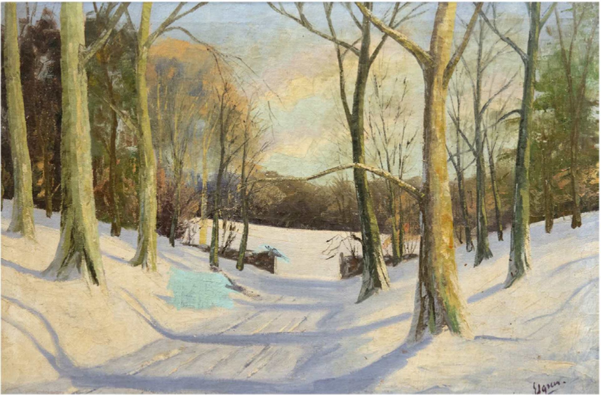 "Winterliche Waldlandschaft", Öl/Lw., undeutl. sign. u.r., rest. mittig, 68x98 cm, Rahmen