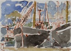 Thoemmes, Johanne (1947) "Fischerboote im Hafen", Aquarell/Papier, sign. u.r. und dat.'81, 10