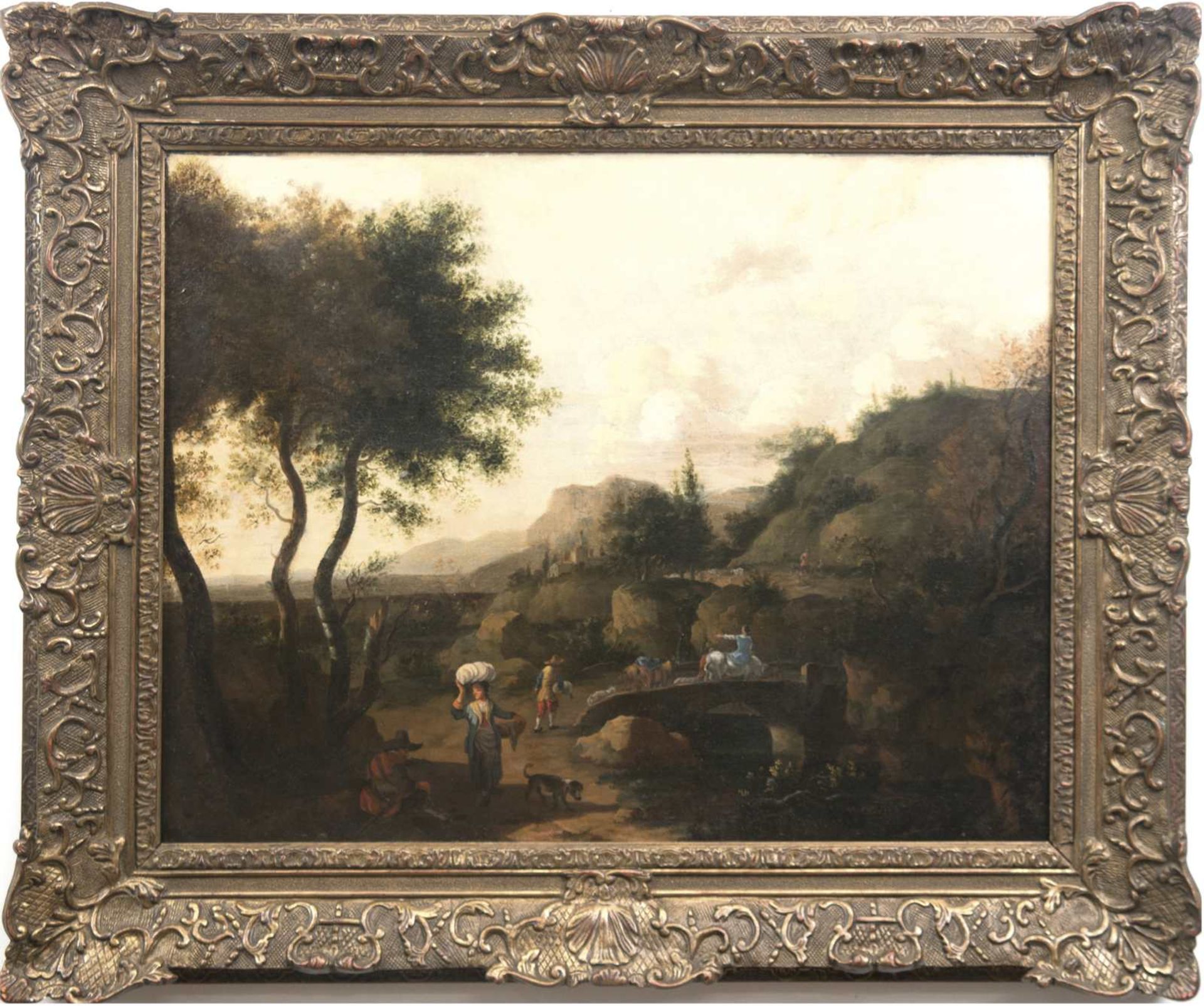 Landschaftsmaler 18. Jh. "Romantische Landschaft mit Personenstaffage", Öl/Lw., unsig.,rück