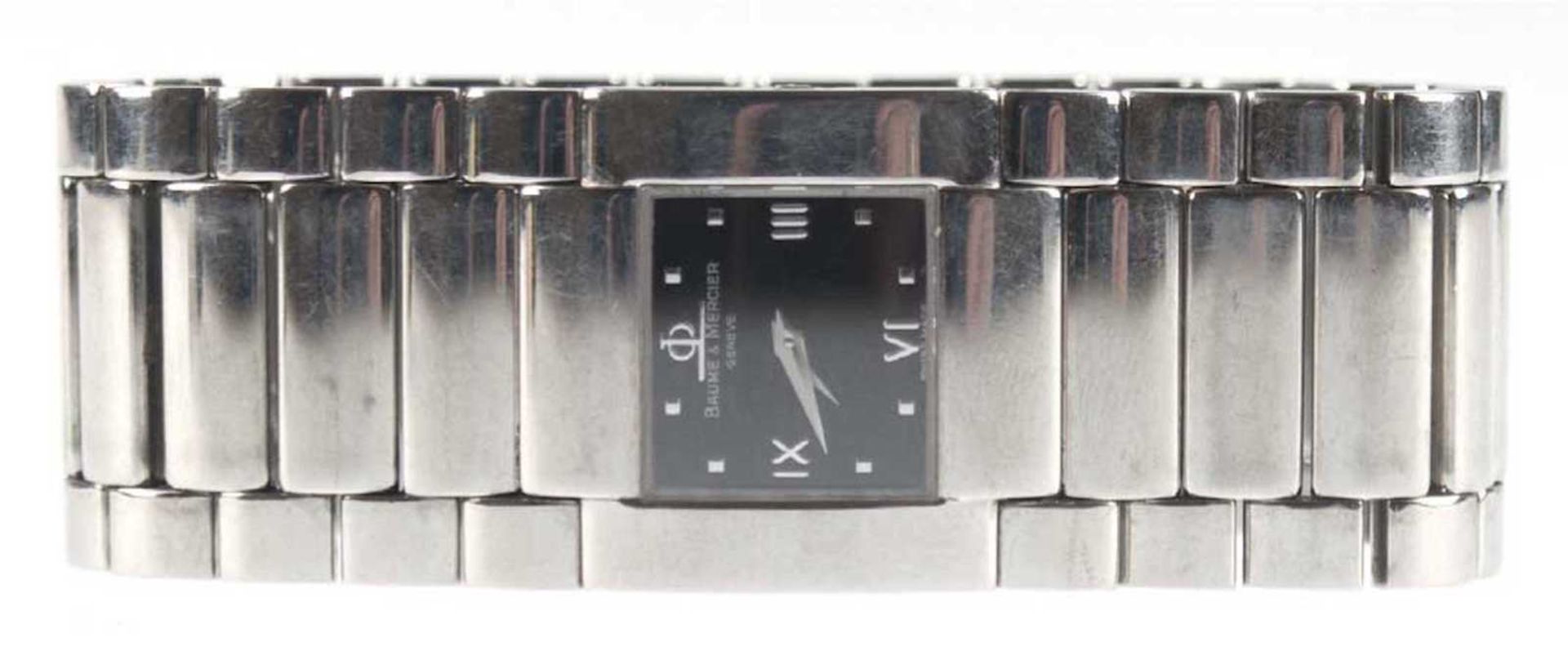 Damen-Armbanduhr "Baume & Mercier", Edelstahl, Quarzwerk, schwarzes Zifferblatt, 21x24 cm,Ori