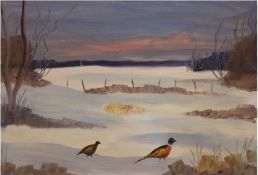 Maler 20. Jh. "Winterliche Landschaft mit Fasanen in der Abendsonne", Öl/Lw., unsign.,48x68