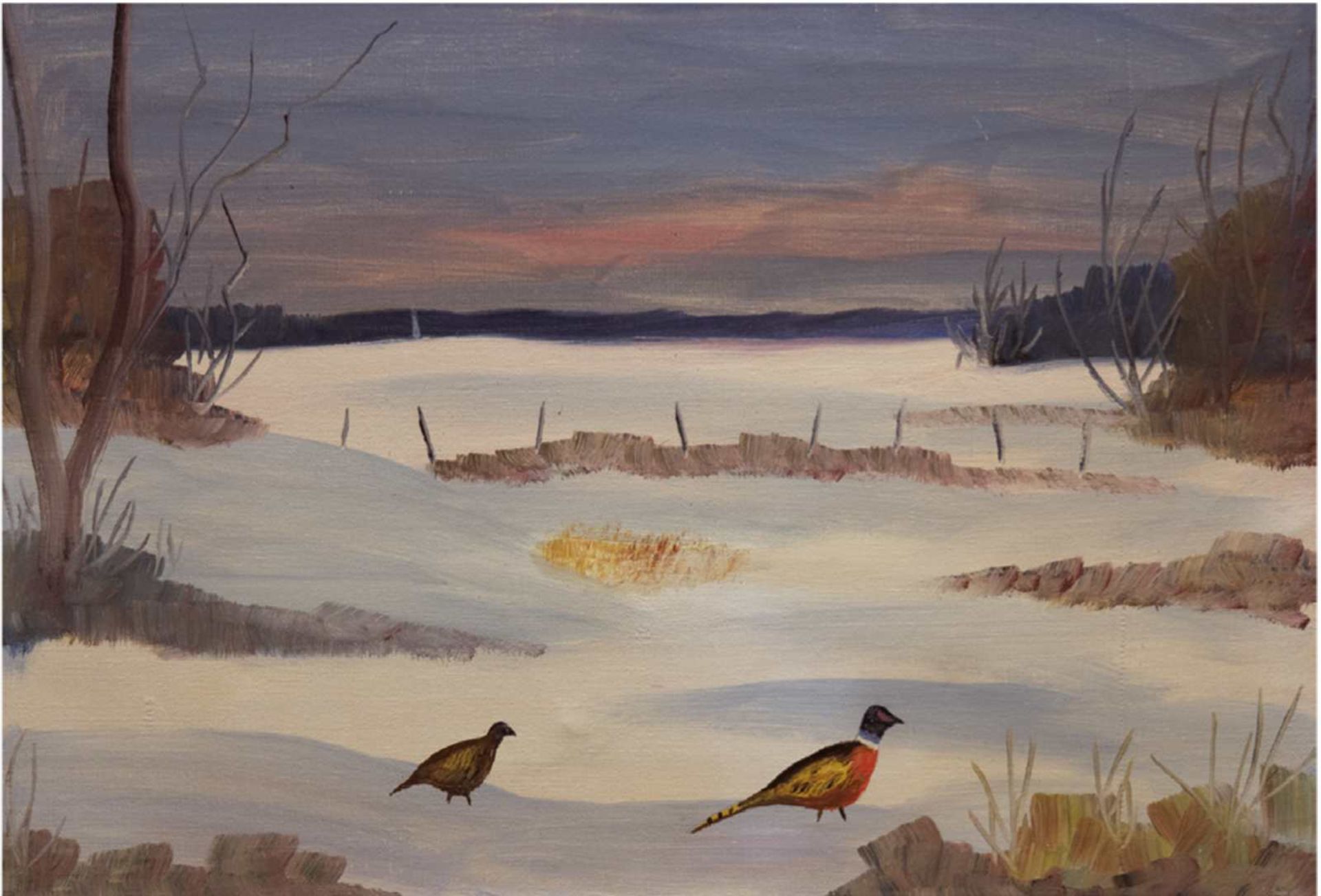 Maler 20. Jh. "Winterliche Landschaft mit Fasanen in der Abendsonne", Öl/Lw., unsign.,48x68